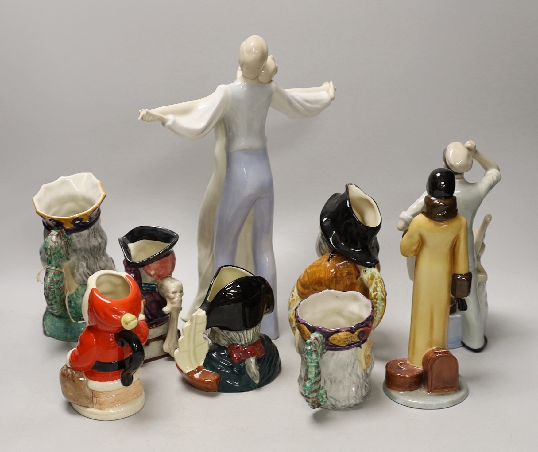 Three Royal Doulton figures and a character jug and five Shorter Pottery character jugs, tallest figure 33cms high
